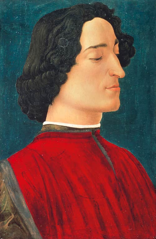 Jugendlicher im Profil mit dunklen Locken und rotem Gewand, grüner Grund – Sandro Botticelli Giuliano de Medici Kunstkopie