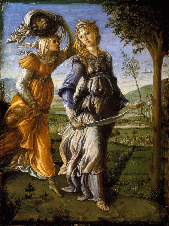 Judith mit Schwert und ihre Magd mit dem Haupt in Landschaft – Sandro Botticelli Rückkehr der Judith nach Bethulia Kunstkopie