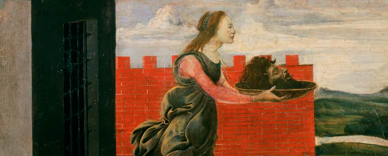 Frau mit Schale und Haupt vor roter Zinnenmauer – Sandro Botticelli Salome mit dem Haupt Johannes des Täufers Kunstkopie