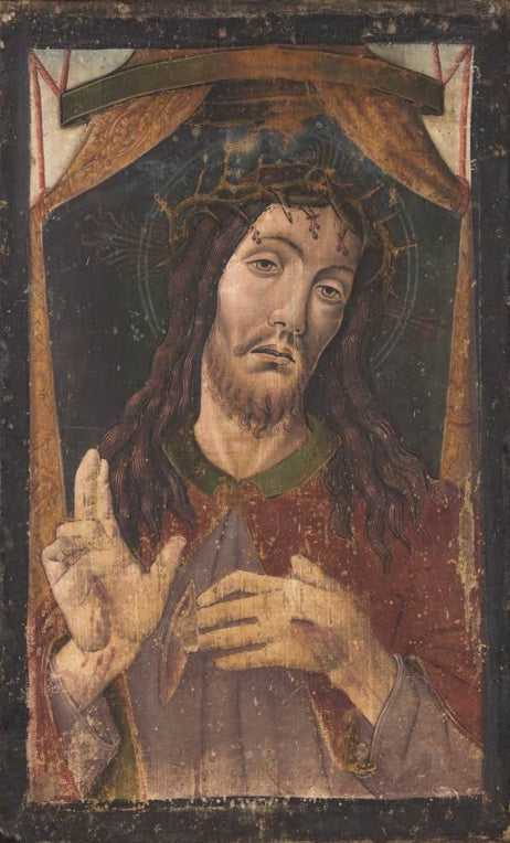 Sandro Botticelli Salvator Mundi Kunstkopie, segnender Christus mit Dornenkrone und Weltkugel vor rotem Vorhang