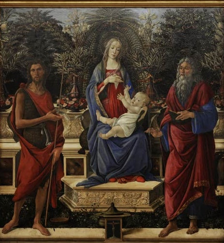 Thronende Maria mit Kind zwischen beiden Johannes im Rosengarten – Sandro Botticelli Thronende Madonna mit Kind Kunstkopie