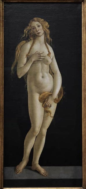 Nackte Venus mit langem Haar steht vor dunklem Grund – Sandro Botticelli Venus Kunstkopie
