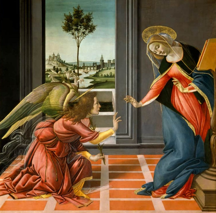 Der Engel kniet vor Maria, im Fenster Landschaft mit Baum – Sandro Botticelli Verkündigung an Maria Kunstkopie