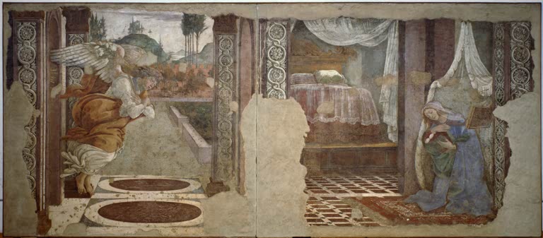 Fresko: Engel und betende Maria in einem Raum mit Bodenmustern – Sandro Botticelli Verkündigung von S. Martino Kunstkopie