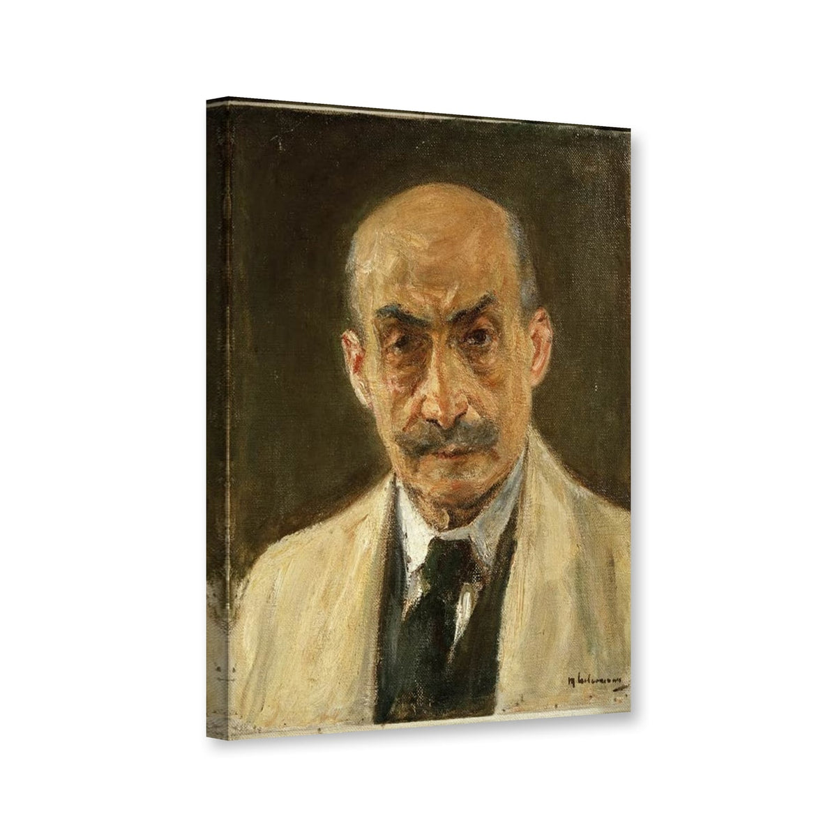 Selbstbildnis, Brustbild im Malerkittel von Max Liebermann als Leinwand – Perspektivansicht