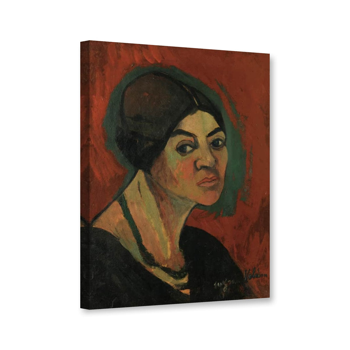 Selbstbildnis vor rotem Grund von Suzanne Valadon als Leinwand – Perspektivansicht