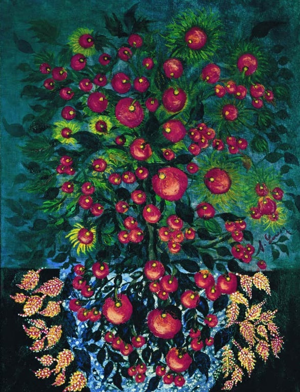 Séraphine Louis Äpfel mit Blättern Kunstkopie, rote Früchte mit gelbgrünen Strahlenkränzen über einer blau gesprenkelten Vase