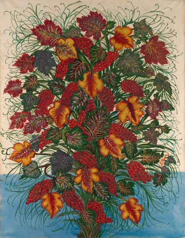 Séraphine Louis Der große Blumenstrauß Kunstkopie, rote Beerentrauben und gelbrote Weinblätter vor hellem Grund