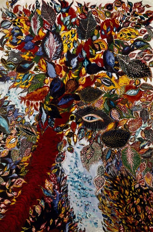 Séraphine Louis Der Paradiesbaum Kunstkopie, dichte Laubkrone mit gepunkteten Blättern und einem Auge über rotem Stamm