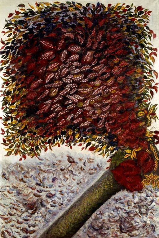 Séraphine Louis Der rote Baum Kunstkopie, mächtige Krone aus rotem Laub auf liegendem Stamm über hellem Boden mit Vogel