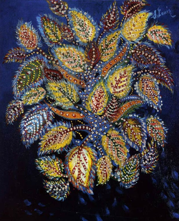 Séraphine Louis Gesprenkelte Blumen auf blauem Grund Kunstkopie, gelbe und rote Blätter mit weißen Punkten vor Nachtblau