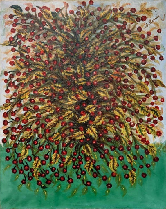Séraphine Louis Kirschen und gelbe Blätter Kunstkopie, Baum mit roten Kirschen und gelben Blättern vor grünem Grund