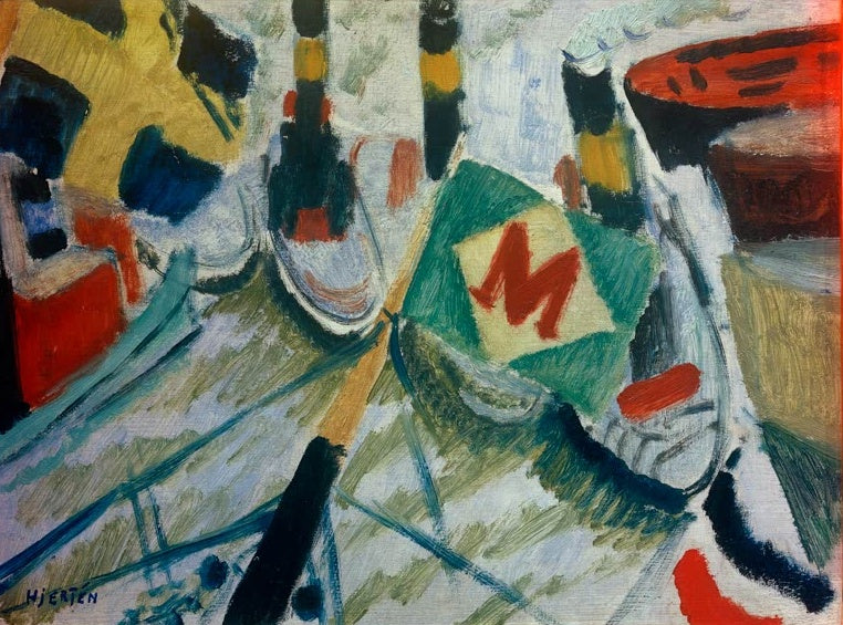 Sigrid Hjertén Dampfschiffe Kunstkopie, Hafenansicht von oben mit Schornsteinen, Flagge mit rotem M und Tauen