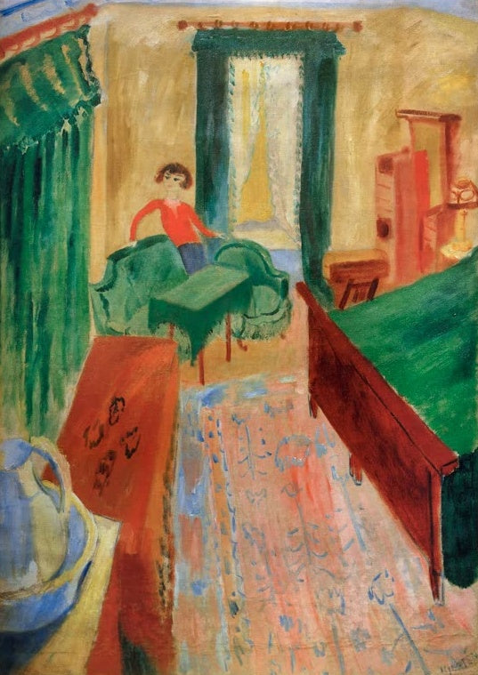 Sigrid Hjertén Das grüne Sofa Kunstkopie, Zimmer mit Frau im roten Pullover auf grünem Sofa vor Fenster und Vorhängen