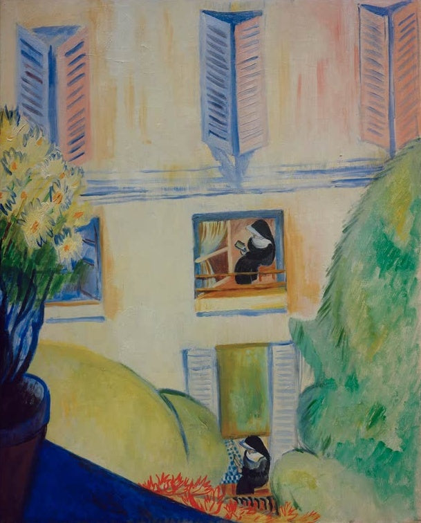 Sigrid Hjertén Das Kloster Kunstkopie, helle Klosterfassade mit Fensterläden, zwei Nonnen, Blumentopf und grüne Büsche