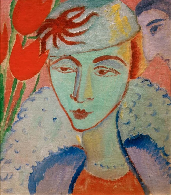 Sigrid Hjertén Dekorativer Kopf Kunstkopie, Frau mit mintgrünem Gesicht, Hut, Pelzkragen und roten Tulpen