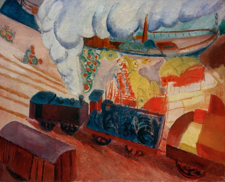 Sigrid Hjertén Der Kai Kunstkopie, Dampflokomotiven und Güterwagen unter Rauchwolken vor einem Schiff im Hafen