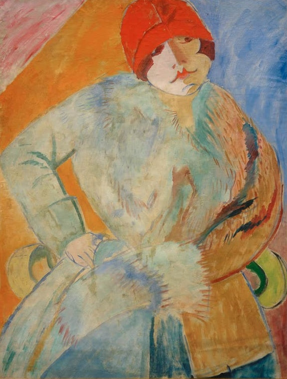 Sigrid Hjertén Frau mit Pelz und rotem Hut Kunstkopie, sitzende Frau im Pelzmantel vor orangefarbenem und blauem Grund