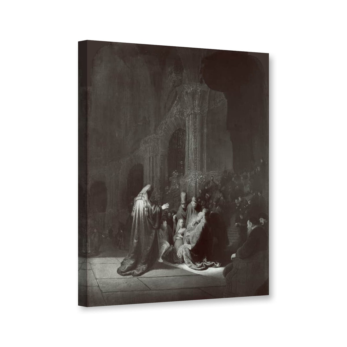 Simeon im Tempel von Rembrandt van Rijn als Leinwand – Perspektivansicht