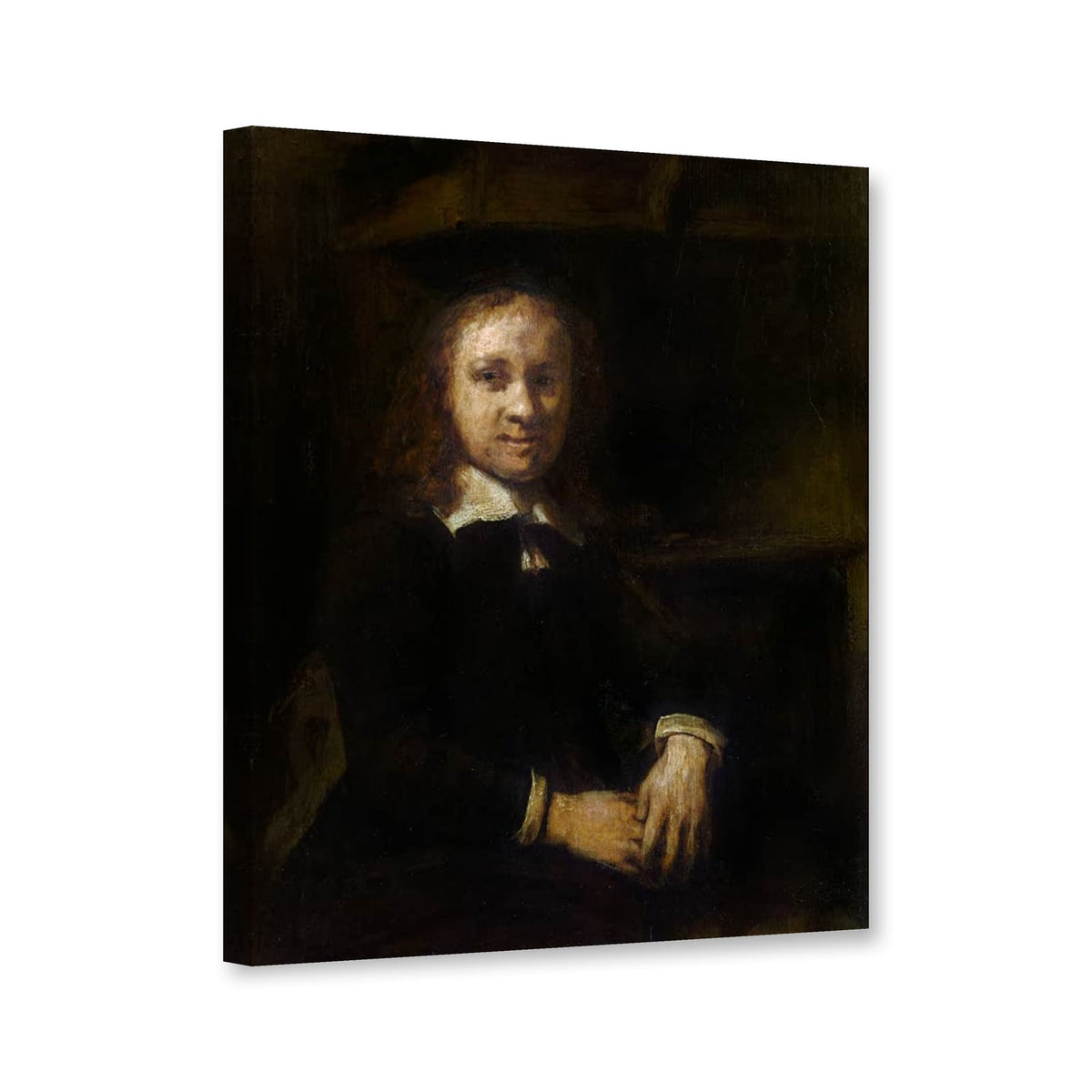 Sitzender Mann vor einem Kamin von Rembrandt van Rijn als Leinwand – Perspektivansicht