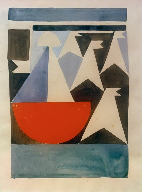 Sophie Taeuber-Arp Abstraktes Motiv Vertikal-horizontale Komposition Kunstkopie, blaue, schwarze und rote Aquarellflächen