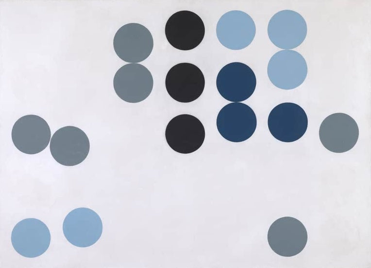 Sophie Taeuber-Arp Bewegtes Kreisbild Kunstkopie, blaue, graue und schwarze Kreise auf weißem Grund
