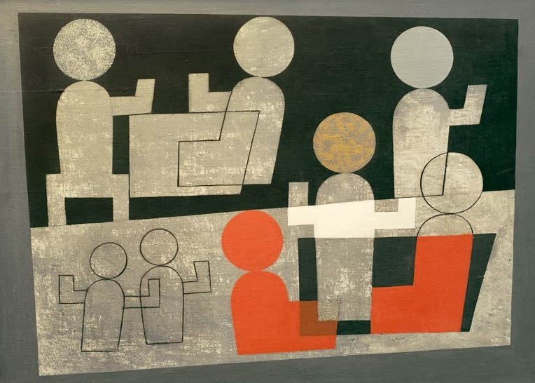 Sophie Taeuber-Arp Café Kunstkopie, stilisierte Figuren in Grau, Schwarz und Rot am Tisch