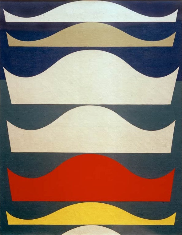Sophie Taeuber-Arp Farbige Abstufung Kunstkopie, bunte Wellenbänder auf blauem Grund
