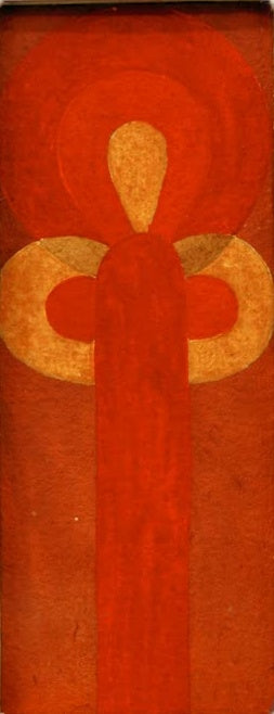 Sophie Taeuber-Arp Figurine Kunstkopie, rote Gouache mit ockerfarbenen Bögen und Tropfenform als Figur
