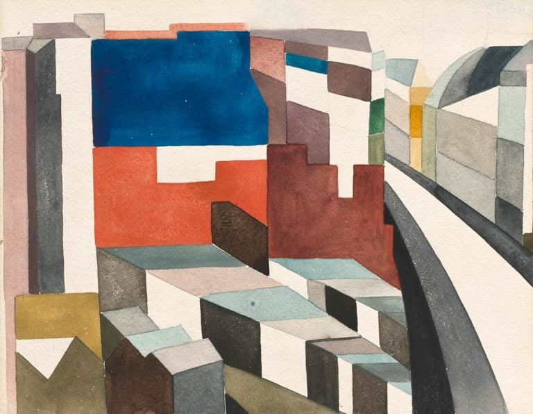 Sophie Taeuber-Arp Friedhof Montmartre Paris Kunstkopie, aquarellierte Häuserblöcke in Blau, Rot und Grau mit Straßenkurve