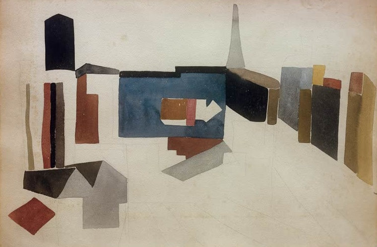 Sophie Taeuber-Arp Friedhof Montmartre Kunstkopie, aquarellierte Flächen in Blau, Schwarz und Rot auf hellem Papier
