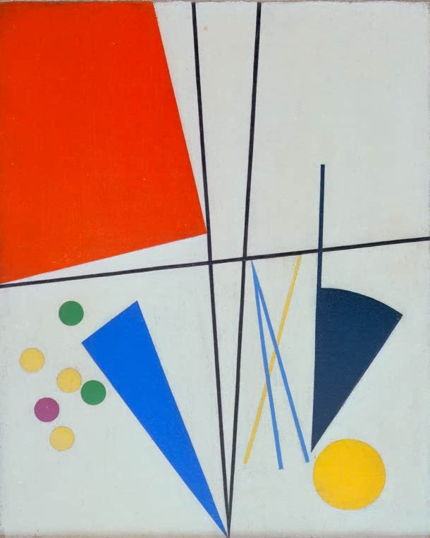 Sophie Taeuber-Arp Gleichgewicht, 1932 Kunstkopie, rotes Viereck, blaue Keile und bunte Punkte auf Hell