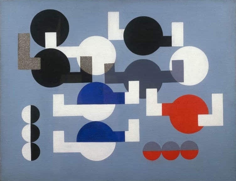 Sophie Taeuber-Arp Komposition 1930 Kunstkopie, schwarze, weiße, blaue und rote Kreise mit Winkelformen auf hellblauem Grund