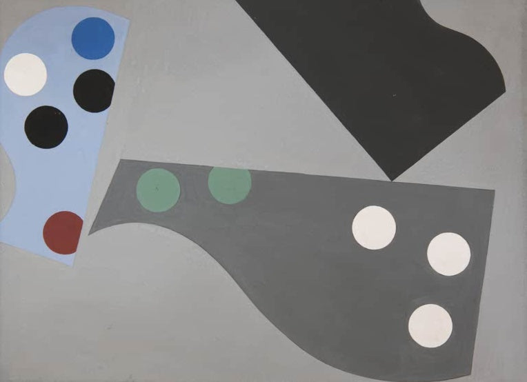 Sophie Taeuber-Arp Komposition 1934 Kunstkopie, graue und hellblaue Formen mit weißen, grünen und schwarzen Kreisen