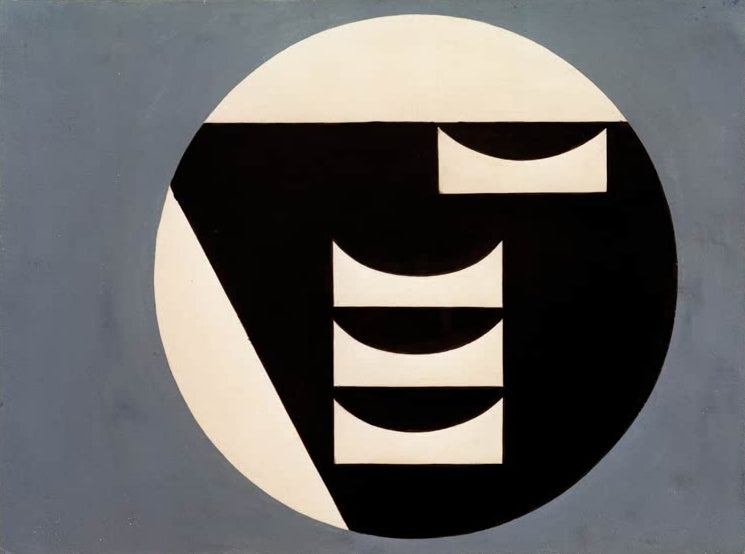 Sophie Taeuber-Arp Komposition in einem Kreis Kunstkopie, schwarz-weiße Kreisfläche mit Schalenformen auf graublauem Grund