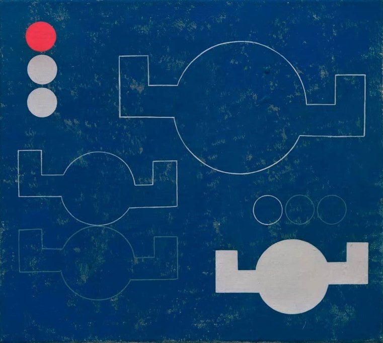 Sophie Taeuber-Arp Komposition mit Kreisen und winkligen Armen Kunstkopie, weiße Kreise mit Armen auf Blau