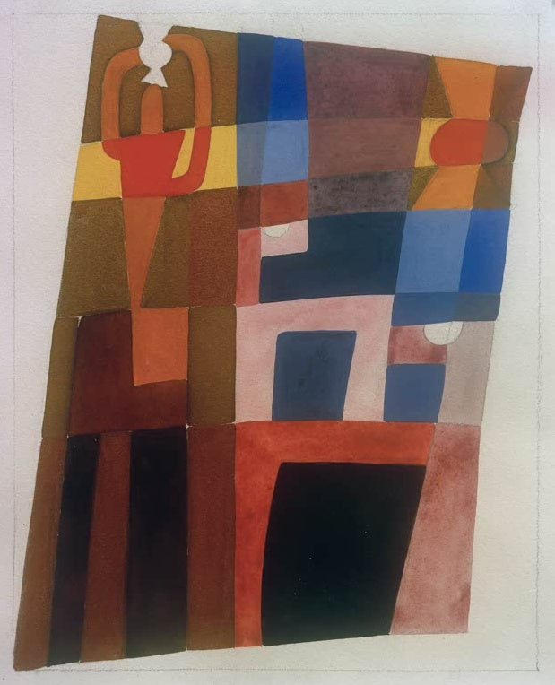 Sophie Taeuber-Arp Komposition mit Vasenträger Kunstkopie, geometrische Figur aus braunen, blauen, rosa und gelben Flächen