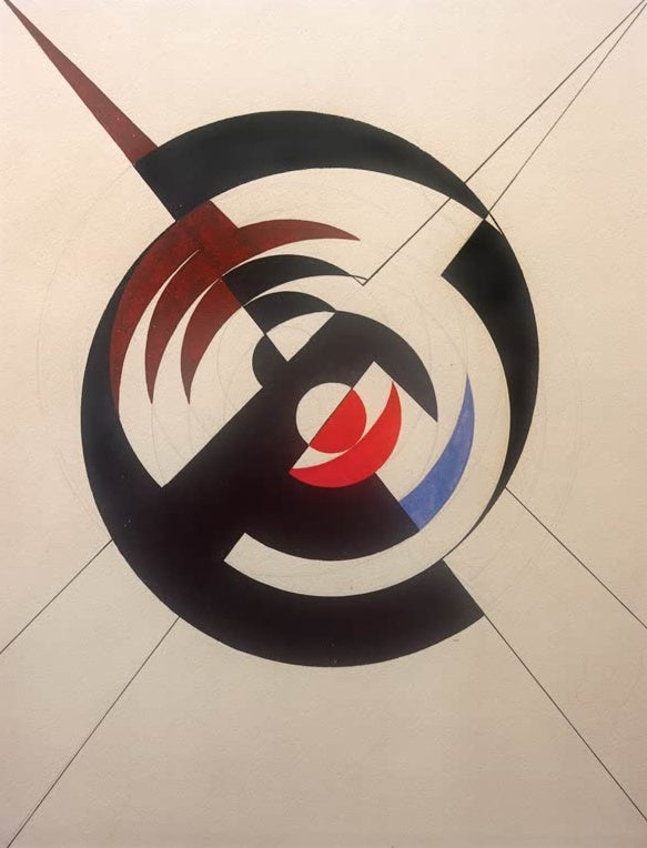 Sophie Taeuber-Arp Konstruktion eines schwarzen Kreises Kunstkopie, schwarze Ringsegmente mit roten und blauen Flächen