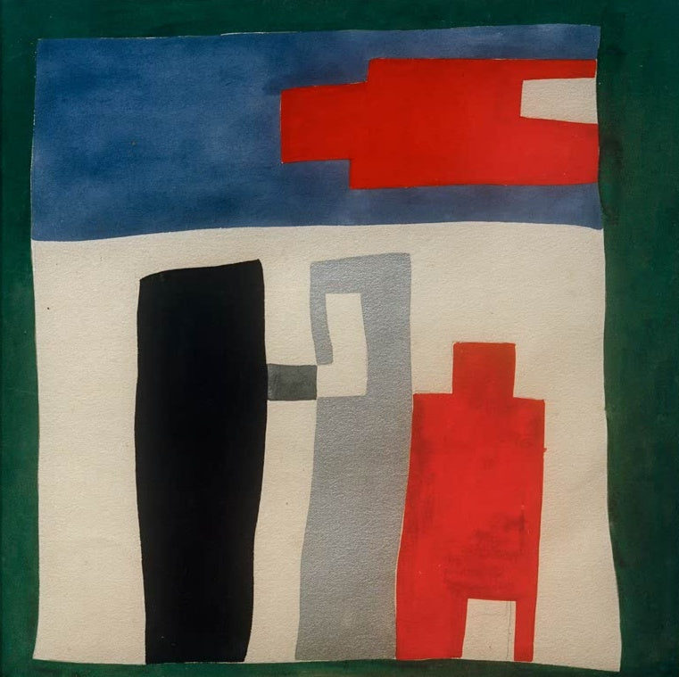 Sophie Taeuber-Arp Pathetische Komposition mit Rechtecken Kunstkopie, rote, schwarze und graue Figuren unter blauem Himmel