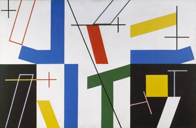 Sophie Taeuber-Arp Sechs Räume mit vier kleinen Kreuzen Kunstkopie, blaue, grüne und gelbe Balken auf Weiß und Schwarz