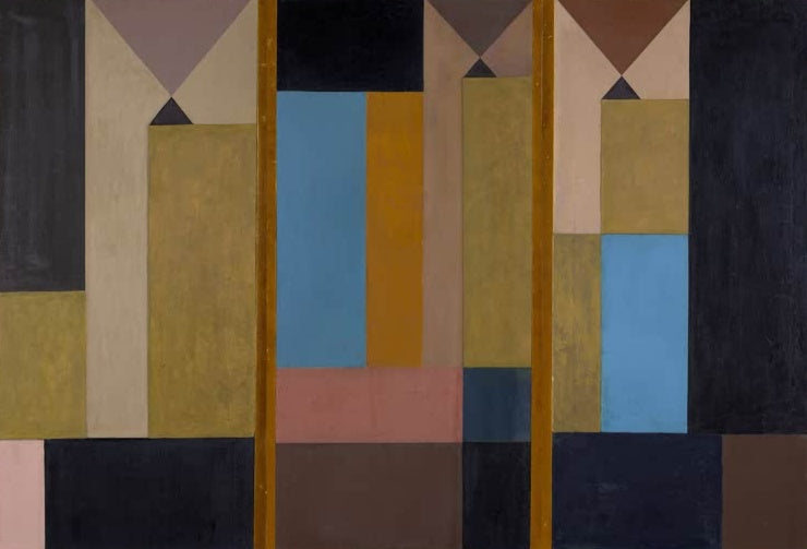 Sophie Taeuber-Arp Triptychon Vertikal-horizontale Komposition Kunstkopie, drei Felder aus ockerfarbenen und blauen Flächen