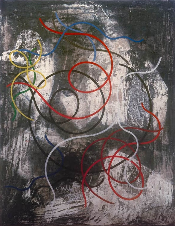 Sophie Taeuber-Arp Verlorene Linien auf chaotischem Grund Kunstkopie, rote, blaue und gelbe Kurven vor dunklem Grund