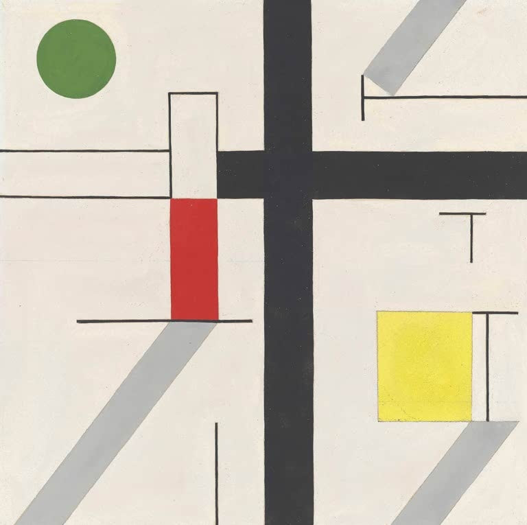 Sophie Taeuber-Arp Vier ungleiche Räume Kunstkopie, schwarzes Kreuz mit rotem, gelbem und grünem Feld auf hellem Grund