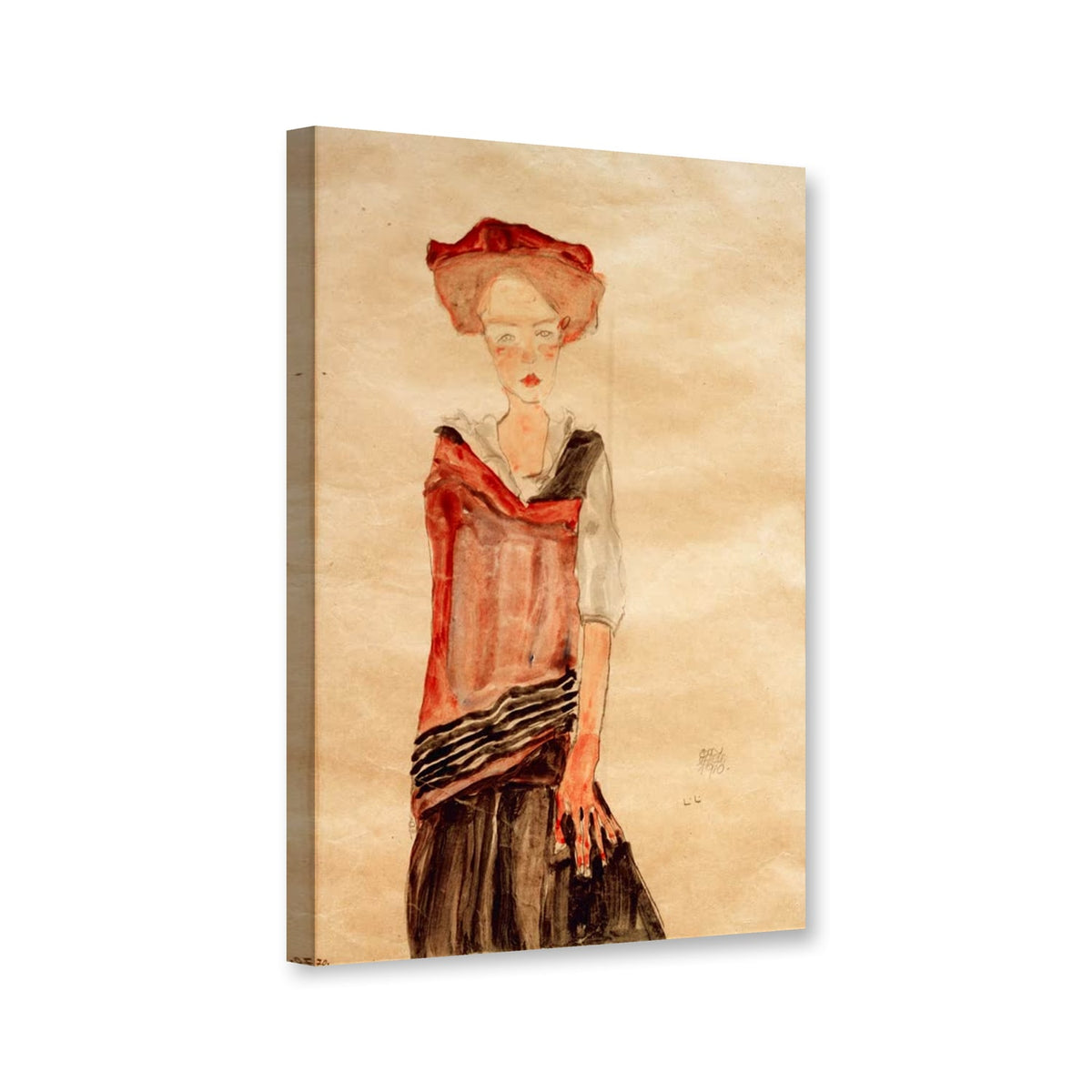 Stehendes Mädchen mit rotem Hut von Egon Schiele als Leinwand – Perspektivansicht