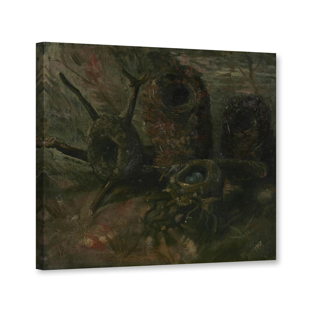 Stilleben mit drei Vogelnestern von Vincent Van Gogh als Leinwand – Perspektivansicht