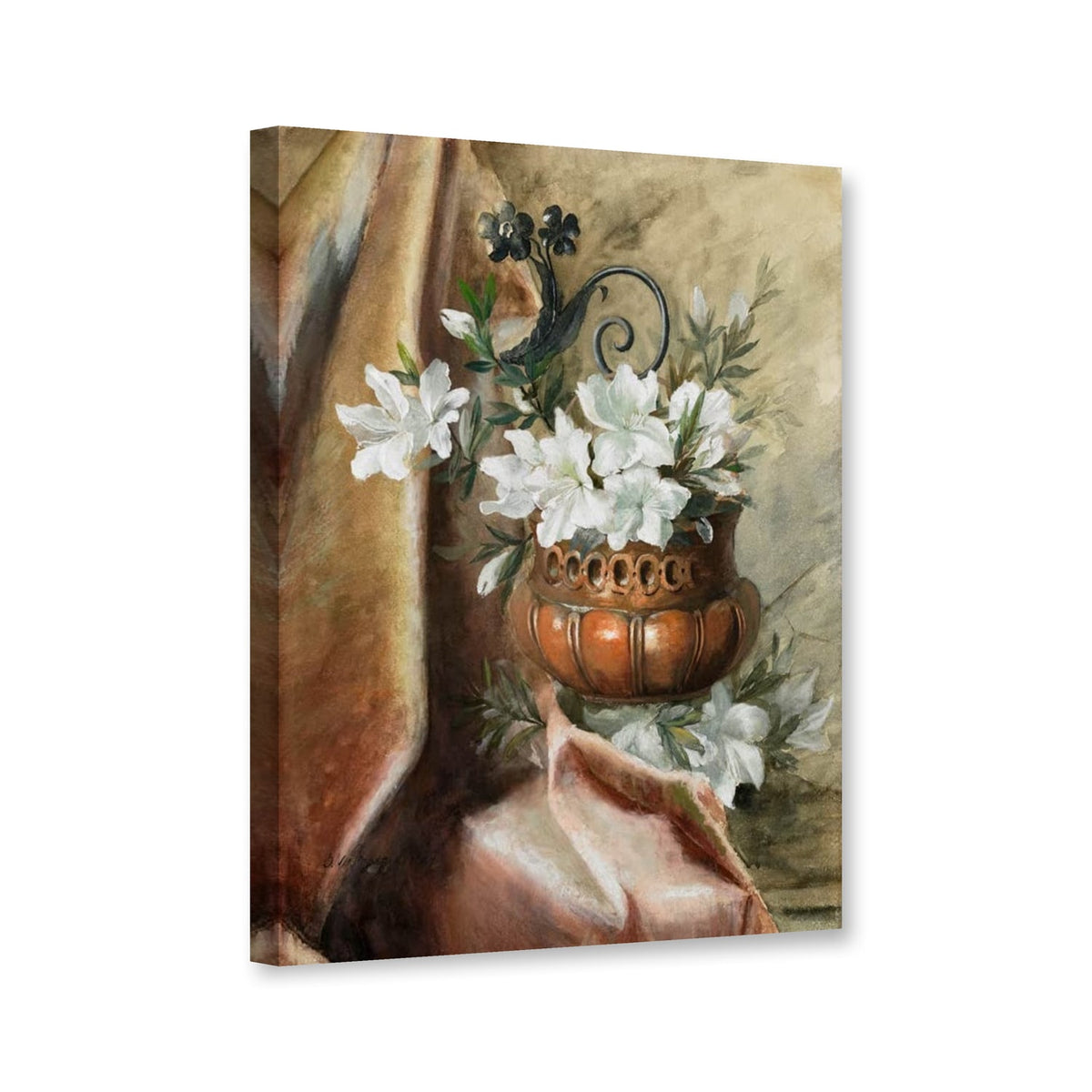 Stilleben mit weißen Blüten in Kupferschale von Olga Wisinger-Florian als Leinwand – Perspektivansicht