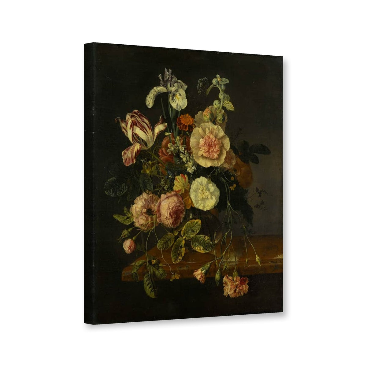 Stillleben mit Blumen, Iris und Stockrosen von Rachel Ruysch als Leinwand – Perspektivansicht