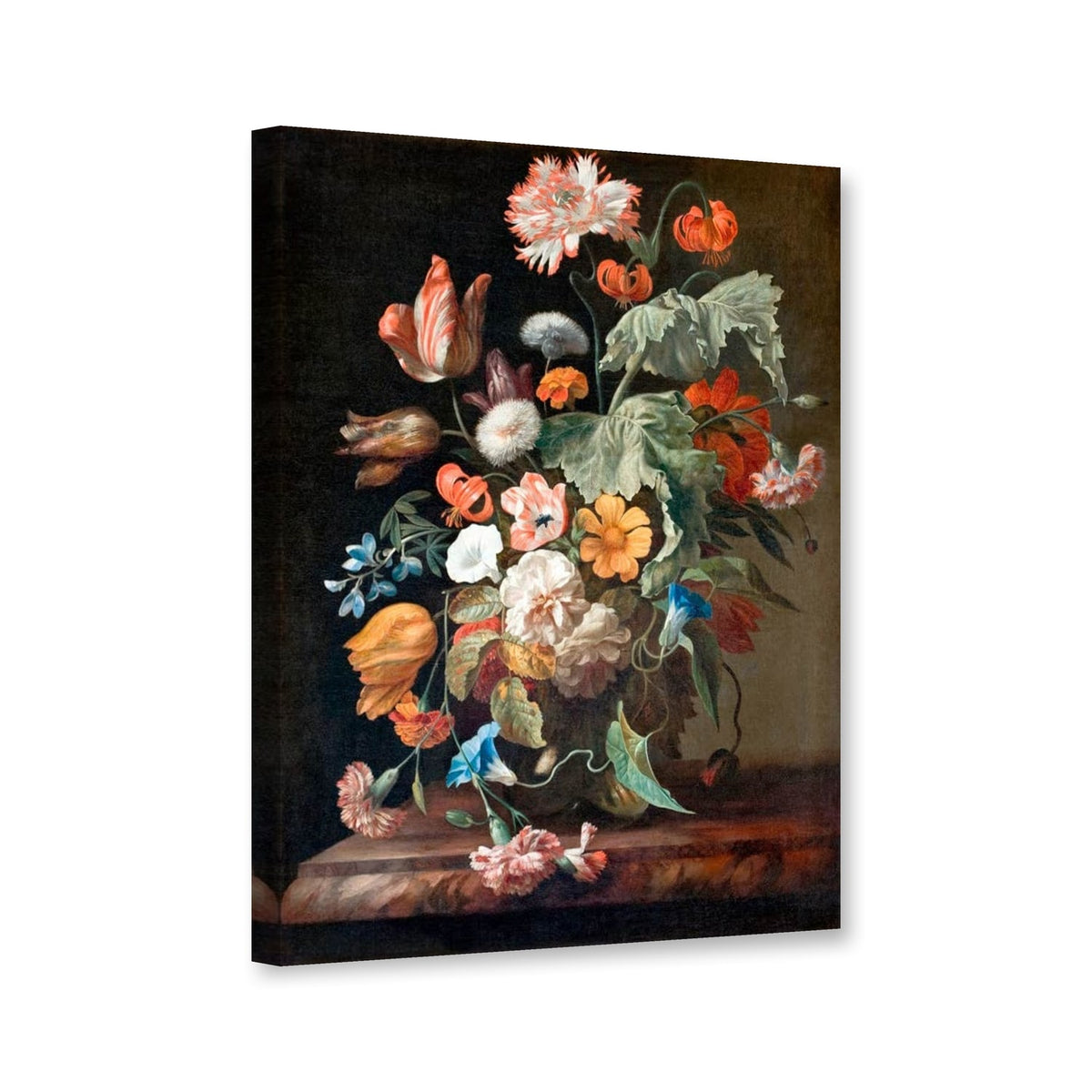 Stillleben mit Blumen und Feuerlilien von Rachel Ruysch als Leinwand – Perspektivansicht