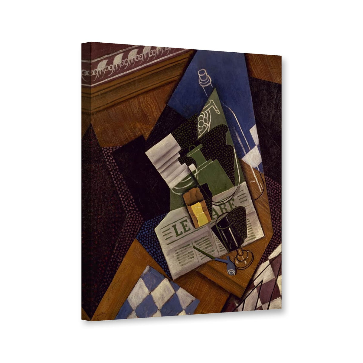 Stillleben mit Wasserflasche, Flasche und Obstschale von Juan Gris als Leinwand – Perspektivansicht