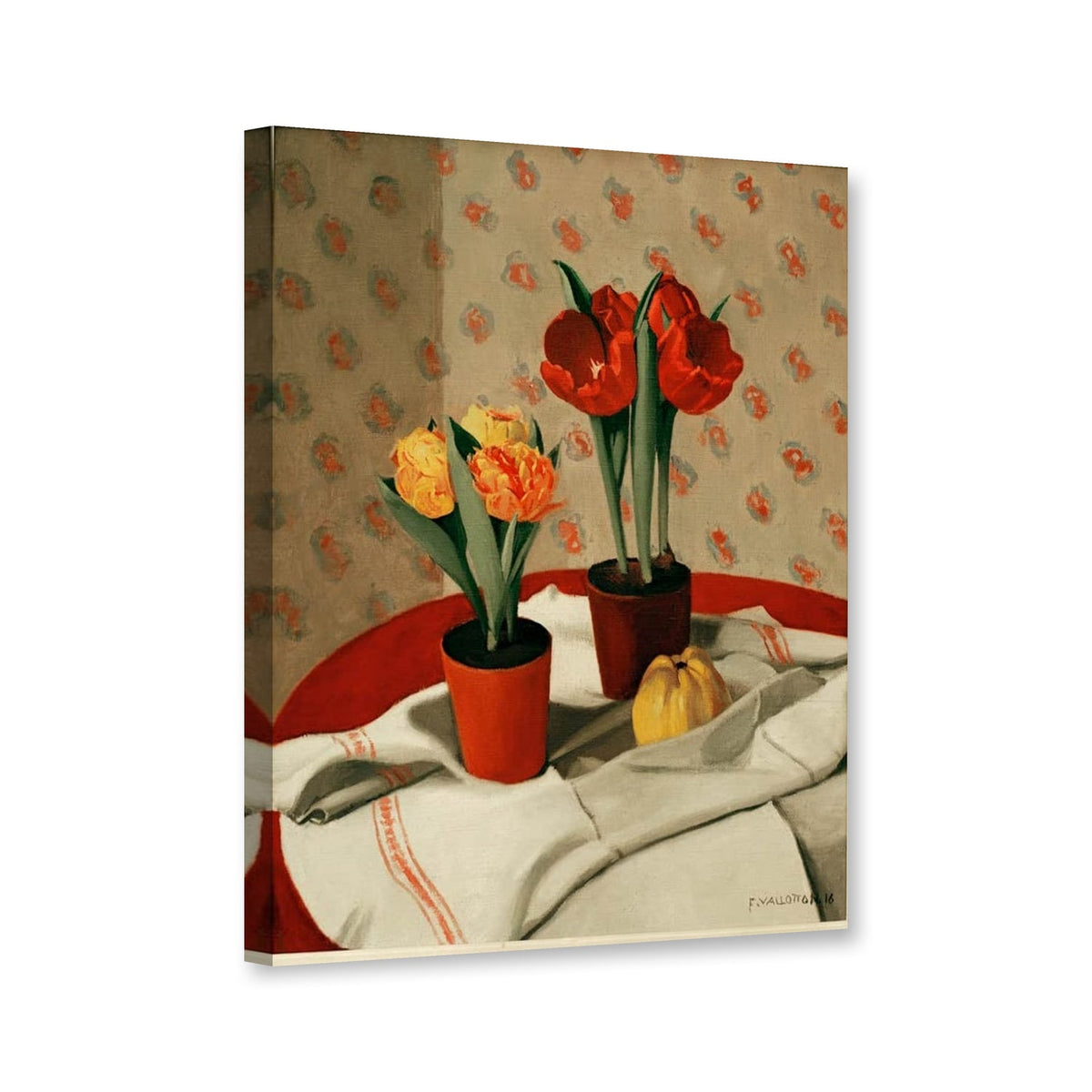 Stillleben mit zwei Töpfen gelber und roter Tulpen von Félix Vallotton als Leinwand – Perspektivansicht